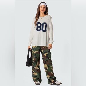 Edikted 80 Applique Oversize White and Navy Numbered Long Sleeve T-Shirt